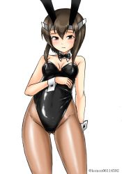 Rule 34 | 1girl, alternate costume, animal ears, black bow, black bowtie, black leotard, bow, bowtie, breasts, brown eyes, brown hair, brown pantyhose, commentary request, cowboy shot, detached collar, embarrassed, fake animal ears, gluteal fold, headband, kantai collection, kudou (ooabareteng), leotard, looking at viewer, pantyhose, playboy bunny, rabbit ears, rabbit tail, simple background, small breasts, solo, standing, strapless, strapless leotard, taihou (kancolle), tail, white background, wrist cuffs
