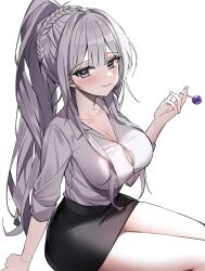 Rule 34 | 1girl, absurdres, arm support, black skirt, blush, braid, breasts, button gap, candy, chimyo, cleavage, closed mouth, collared shirt, commission, food, grey eyes, grey hair, high ponytail, highres, holding, holding candy, holding food, holding lollipop, large breasts, lollipop, long hair, office lady, original, pencil skirt, shirt, simple background, skirt, sleeves rolled up, smile, solo, white background, white shirt