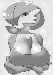 Rule 34 | 1girl, arms under breasts, blush, bob cut, breasts, closed mouth, creatures (company), crossed arms, female focus, game freak, gardevoir, gen 3 pokemon, greyscale, hair over one eye, half-closed eye, highres, huge breasts, looking at viewer, monochrome, nintendo, pero (pero7762), pokemon, pokemon (creature), solo, sweat, upper body