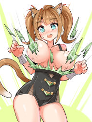 Rule 34 | 1girl, animal ears, aqua eyes, black leotard, blush, breasts, brown hair, cat ears, cat girl, cat tail, commentary, cougar (cougar1404), cowboy shot, exploding clothes, frown, green shirt, large breasts, leotard, looking at viewer, medium hair, megu (cougar1404), motion blur, open mouth, original, shirt, sleeveless, solo, standing, sweatdrop, tail, torn clothes, twintails, wardrobe malfunction, wrist cuffs