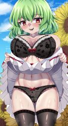Rule 34 | 1girl, absurdres, black bra, black panties, black thighhighs, bow, bow bra, bow panties, bra, breasts, cameltoe, cloud, commentary request, doku yanagi, fangs, field, flower, flower field, frilled skirt, frills, gluteal fold, green hair, hair between eyes, highres, kazami yuuka, lace, lace bra, lace panties, large breasts, lifted by self, navel, outdoors, panties, partially undressed, plaid, plaid skirt, plaid vest, print bra, print panties, red bow, red eyes, red skirt, red vest, shirt, unworn shirt, short hair, skirt, skirt set, sky, solo, sunflower, sunflower field, thighhighs, touhou, underwear, vest, white shirt