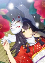 Rule 34 | 1girl, aimori meguru, black hair, blurry, blurry foreground, closed mouth, depth of field, finger to face, fingernails, floral print, fox mask, hair ribbon, highres, japanese clothes, kimono, long fingernails, long hair, long sleeves, looking at viewer, lying, mask, mask on head, nail polish, obi, on back, on floor, original, print kimono, red nails, ribbon, sash, scarf, smile, snowing, solo, tatami, upper body, white scarf, wide sleeves, yellow eyes