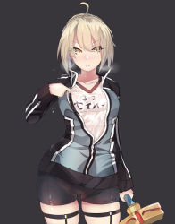 Rule 34 | 1girl, ahoge, artoria pendragon (all), artoria pendragon (fate), bike shorts, black background, blonde hair, breasts, ehrrr, excalibur (fate/stay night), fate/grand order, fate (series), gym shirt, gym uniform, highres, holding, holding sword, holding weapon, jacket, mysterious heroine x alter (fate), mysterious heroine x alter (second ascension) (fate), name tag, open clothes, open jacket, parted lips, saber (fate), shirt, shorts, simple background, solo, sweat, sword, track jacket, weapon, yellow eyes