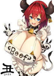 Rule 34 | 1girl, 2021, alternate breast size, ange katrina, animal ears, animal print, bell, blue eyes, blush, breasts, chinese zodiac, cleavage, collar, cow ears, cow horns, cow print, cow tail, crossed bangs, double v, ear tag, elbow gloves, fake animal ears, fake horns, fake tail, feet out of frame, gloves, hair ornament, highres, horns, huge breasts, looking at viewer, maid, neck bell, nijisanji, nuezou, open mouth, pasties, red hair, solo, tail, thigh strap, thighhighs, v, virtual youtuber, white background, year of the ox