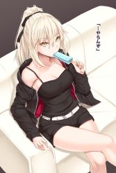 Rule 34 | 1girl, akitsuki karasu, alternate breast size, artoria pendragon (all), artoria pendragon (fate), belt, black dress, blonde hair, breasts, cleavage, commentary request, couch, dress, fate/grand order, fate (series), food, from above, highres, holding, holding food, jacket, large breasts, official alternate costume, open clothes, open jacket, ponytail, popsicle, saber (fate), saber alter, saber alter (ver. shinjuku 1999) (fate), sidelocks, sitting, solo, tsurime, yellow eyes