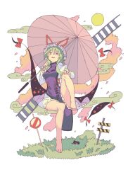 Rule 34 | 1girl, absurdres, barefoot, blonde hair, breasts, dress, gap (touhou), hair between eyes, half-closed eye, hat, hat ribbon, highres, holding, holding umbrella, long hair, long sleeves, medium breasts, mob cap, morino hon, open mouth, purple eyes, red ribbon, ribbon, road sign, sign, smile, solo, stop sign, tabard, touhou, umbrella, white dress, white hat, yakumo yukari