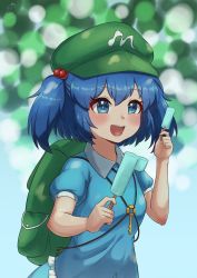 Rule 34 | 1girl, :d, absurdres, backpack, bag, blue eyes, blue hair, blue shirt, blue skirt, blurry, blurry background, blush, bokeh, breasts, bright pupils, commentary request, depth of field, double popsicle, dual wielding, food, frills, green bag, green hat, hair bobbles, hair ornament, hat, highres, holding, holding food, huge filesize, kawashiro nitori, key, medium breasts, open mouth, popsicle, puffy short sleeves, puffy sleeves, shirt, short hair, short sleeves, signature, simple background, skirt, smile, solo, touhou, tsugumi amon, two side up, upper body, upturned eyes, wing collar