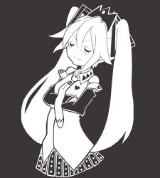 Rule 34 | 1girl, bare shoulders, blush, buriki no dance (vocaloid), closed eyes, crossed arms, crown, detached sleeves, greyscale, hair between eyes, hair ornament, hatsune miku, long hair, looking at viewer, monochrome, necktie, open mouth, pleated skirt, shirt, skirt, sleeves past fingers, sleeves past wrists, solo, spotted skirt, star-shaped pupils, star (symbol), symbol-shaped pupils, tsunotsuki (uguisu maccha), twintails, v-shaped eyebrows, very long hair, vocaloid