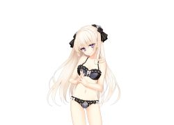 Rule 34 | 1girl, agekichi, asato sara, blonde hair, bra, breasts, cleavage, closed mouth, cowboy shot, female focus, flower, game cg, giuniu, groin, hair flower, hair ornament, head tilt, kenja no okuri imouto, legs, long hair, looking at viewer, navel, original, own hands together, panties, purple eyes, small breasts, smile, solo, standing, tachi-e, thighs, transparent background, underwear, underwear only