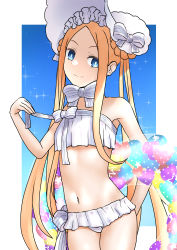 Rule 34 | 1girl, abigail williams (fate), abigail williams (swimsuit foreigner) (fate), abigail williams (swimsuit foreigner) (third ascension) (fate), absurdres, bare shoulders, bikini, blonde hair, blue background, blue eyes, blush, bonnet, border, bow, braid, braided hair rings, breasts, closed mouth, fate/grand order, fate (series), forehead, gradient background, hair bow, hair rings, highres, long hair, looking at viewer, miniskirt, navel, parted bangs, pottya, sidelocks, skirt, small breasts, smile, solo, sparkle, swimsuit, twin braids, twintails, very long hair, white bikini, white border, white bow, white headwear