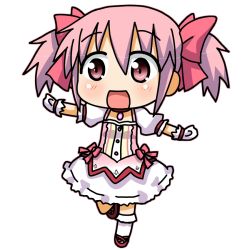 Rule 34 | 10s, 1girl, bow, bubble skirt, chibi, dress, gloves, hair bow, kaname madoka, magical girl, mahou shoujo madoka magica, mahou shoujo madoka magica (anime), minami (colorful palette), open mouth, pink eyes, pink hair, short hair, short sleeves, short twintails, skirt, solo, twintails