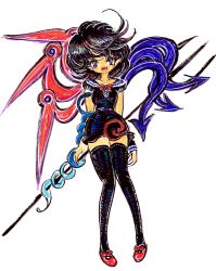 Rule 34 | 1girl, asymmetrical wings, black hair, black thighhighs, blue wings, hiyodoribbon, houjuu nue, looking at viewer, medium hair, no nose, open mouth, polearm, red footwear, red wings, ribbon trim, shoes, short sleeves, simple background, smile, snake, solo, thighhighs, touhou, trident, weapon, white background, wings