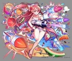 Rule 34 | 1girl, bikini, bikini skirt, blush, bow, breasts, character request, cleavage, cloud, collarbone, copyright name, copyright request, firing, flower, food, fruit, hair between eyes, hair bow, hair flower, hair ornament, halterneck, hibiscus, highres, holding, holding weapon, long hair, looking at viewer, medium breasts, missile, nou (nounknown), official art, pink eyes, pink hair, purple bow, ramune, rocket launcher, sand, sandals, sidelocks, solo, standing, standing on one leg, swimsuit, teeth, very long hair, water, watermelon, weapon, white bikini