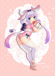 Rule 34 | 10s, 1girl, 2017, adapted costume, animal ears, ass, barefoot, beads, blue eyes, blunt bangs, blush, commentary request, crepe, dated, dragon girl, dragon horns, fake animal ears, fang, food, fruit, full body, hair beads, hair ornament, hairband, highres, horns, kanna kamui, kobayashi-san chi no maidragon, leotard, long hair, looking at viewer, open mouth, playboy bunny, rabbit ears, solo, stirrup legwear, strawberry, tail, thighhighs, toeless legwear, toes, twintails, white thighhighs, wumumu