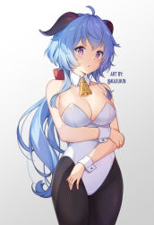 Rule 34 | 1girl, ahoge, bare arms, bare shoulders, bell, black pantyhose, blue hair, breasts, cleavage, cowbell, cowboy shot, detached collar, fishnet pantyhose, fishnets, ganyu (genshin impact), genshin impact, goat horns, highleg, highleg leotard, horns, kaxukin, large breasts, leotard, long hair, looking at viewer, low ponytail, pantyhose, parted lips, playboy bunny, purple eyes, solo, standing, strapless, strapless leotard, white leotard, wrist cuffs