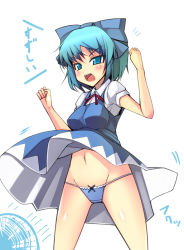 Rule 34 | 1girl, blue eyes, blue hair, blue panties, blush, bow, cirno, clothes lift, dress, dress lift, electric fan, fanning crotch, groin, hair bow, ippongui, large bow, matching hair/eyes, navel, open mouth, panties, short hair, solo, touhou, underwear, wind, wind lift