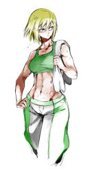 Rule 34 | 10s, 1girl, abs, bare shoulders, biceps, blonde hair, blue eyes, breasts, collarbone, colorfag, colorized, crop top, cropped legs, derivative work, female focus, fuse ryuuta, glasses, green shirt, hand on own hip, holding, looking to the side, michelle k. davis, midriff, muscular, pants, shirt, short hair, sleeveless, sleeveless shirt, solo, sweat, tank top, terra formars, third-party edit, toned, towel, wet, white background