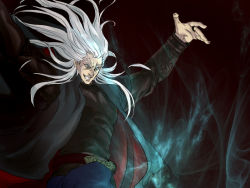 Rule 34 | 1boy, coat, gradient background, grey hair, grin, harry potter (series), long hair, lucius malfoy, magic, male focus, smile, solo, wizarding world