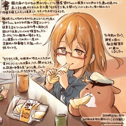 Rule 34 | 10s, 1girl, admiral (kancolle), animal, black serafuku, brown eyes, brown hair, colored pencil (medium), commentary request, cup, curtains, dated, eating, food, glasses, hamster, holding, holding food, kantai collection, kirisawa juuzou, long hair, long sleeves, mochizuki (kancolle), necktie, non-human admiral (kancolle), numbered, red-framed eyewear, sailor collar, school uniform, serafuku, smile, teacup, traditional media, translation request, twitter username, white necktie, window, yunomi