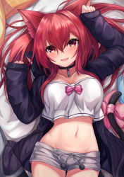 Rule 34 | 1girl, absurdres, animal ears, arm up, azur lane, black choker, black jacket, breasts, cat ears, cat girl, cat tail, choker, cleavage, collarbone, cowboy shot, crop top, crop top overhang, fang, grey shorts, groin, hand up, highres, hood, hood down, hooded jacket, i-19 (azur lane), i-19 (pillowy paradise) (azur lane), jacket, large breasts, long hair, long sleeves, looking at viewer, lying, midriff, navel, on back, open clothes, open jacket, open mouth, red eyes, red hair, ribbon, ryara, shirt, short shorts, shorts, smile, solo, stomach, tail, tail ornament, tail ribbon, twintails, white shirt