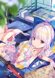 Rule 34 | 1girl, ass, atori, blurry, board game, bow, depth of field, floral print, hair bow, highres, indoors, japanese clothes, katana, kimono, legs up, long hair, looking at viewer, lying, on stomach, origami, original, paper crane, parted lips, petals, ponytail, red eyes, sandals, sheath, sheathed, shogi, short kimono, solo, sword, weapon, white hair, white kimono, window shadow, zouri