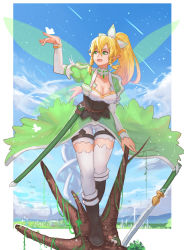 Rule 34 | 10s, 1girl, bad id, bad pixiv id, blonde hair, breasts, bug, butterfly, cleavage, fairy, fairy wings, green eyes, highres, insect, large breasts, leafa, long hair, mizu (dl7613), pointy ears, ponytail, solo, sword, sword art online, thigh gap, thighhighs, weapon, wings