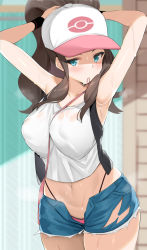 Rule 34 | 1girl, alternate breast size, armpits, arms up, bag, bare arms, bare shoulders, baseball cap, between breasts, blue eyes, blue shorts, blush, breasts, brown hair, collarbone, cowboy shot, creatures (company), crop top, cutoffs, denim, denim shorts, game freak, hair tie in mouth, hat, highleg, highleg panties, hilda (pokemon), large breasts, long hair, looking at viewer, midriff, mouth hold, navel, nintendo, noripachi, panties, pink panties, pokemon, pokemon bw, shirt, short shorts, shorts, shoulder bag, sidelocks, sleeveless, sleeveless shirt, solo, sweat, sweatband, thighs, torn clothes, torn shorts, tying hair, underwear, white shirt