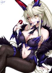 Rule 34 | 1girl, animal ears, artist name, artoria pendragon (fate), artoria pendragon (lancer alter) (fate), artoria pendragon (swimsuit ruler) (fate) (cosplay), bare shoulders, black nails, black pantyhose, blonde hair, blush, braid, breasts, cleavage, collarbone, commentary request, fate/grand order, fate (series), fishnet pantyhose, fishnets, gloves, hair between eyes, highres, holding, large breasts, long hair, looking at viewer, nail polish, navel, pantyhose, pink lips, rabbit ears, rabbit girl, sakiyamama, sidelocks, smile, solo, white background, yellow eyes