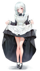 Rule 34 | 1girl, alternate costume, apron, black dress, black footwear, clothes lift, collared dress, dress, dress lift, enmaided, frilled apron, frills, full body, grey eyes, grey hair, hair ornament, hairclip, head tilt, highres, jakusha shiro, kaga sumire, legs, long sleeves, looking at viewer, maid, maid apron, mary janes, shoes, short hair, simple background, smile, solo, standing, virtual youtuber, vspo!, white apron, white background, x hair ornament