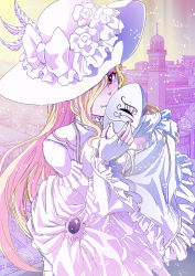 Rule 34 | 1girl, blonde hair, bow, building, closed mouth, clothes lift, dress, dress lift, fang, fang out, fingerless gloves, flower, frilled sleeves, frills, gloves, hair over one eye, hat, hat bow, hat feather, hat flower, holding, holding mask, lifted by self, light particles, long hair, mask, overlord (maruyama), red eyes, rurukichi, shalltear bloodfallen, smile, solo, vampire, very long hair, white bow, white dress, white flower, white gloves, white hat, wide sleeves