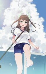 Rule 34 | 1girl, airi (blue archive), blue archive, blue sky, blush, cleaning brush, cloud, flower wreath, green eyes, gym shorts, gym uniform, halo, handle, highres, k4washima, looking at viewer, medium hair, open clothes, open mouth, open shirt, short hair, shorts, sky, water drop