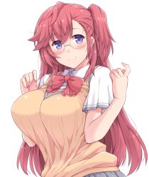 Rule 34 | 10s, 1girl, amane hasuhito, ano natsu de matteru, bad id, bad pixiv id, beckoning, blush, bow, bowtie, breasts, closed mouth, glasses, large breasts, long hair, looking at viewer, purple eyes, red bow, red bowtie, red hair, rimless eyewear, school uniform, short sleeves, smile, solo, sweater vest, takatsuki ichika, upper body