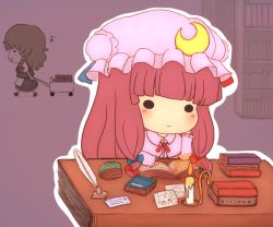 Rule 34 | 2girls, blush, book, bookshelf, candle, chibi, crescent, crescent hair ornament, eighth note, female focus, hair ornament, hat, kirisame marisa, long hair, multiple girls, musical note, no headwear, no headwear, o o, open book, patchouli knowledge, reading, rei (tonbo0430), solid circle eyes, spoken musical note, theft, touhou
