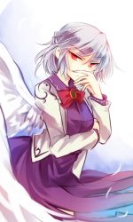 Rule 34 | &gt;:(, 1girl, angel wings, bow, bowtie, dress, feathered wings, frown, jacket, kishin sagume, kutsuki kai, long sleeves, looking at viewer, open clothes, open jacket, purple dress, red bow, red bowtie, red eyes, silver hair, single wing, solo, touhou, v-shaped eyebrows, white jacket, white wings, wings