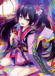 Rule 34 | 1girl, :d, absurdres, black hair, blue eyes, child, hair ornament, highres, holding, japanese clothes, kimono, kimono skirt, lampion, long hair, looking at viewer, multicolored eyes, nyori, open mouth, origami, original, paper crane, sitting, smile, solo, twintails, very long hair, wariza