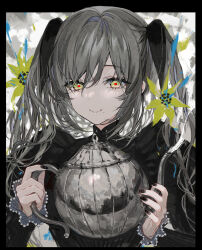 Rule 34 | 1girl, black border, black dress, black nails, black ribbon, border, closed mouth, commentary, dress, english commentary, green eyes, grey hair, hair between eyes, hair ribbon, hands up, highres, holding, holding teapot, juliet sleeves, long hair, long sleeves, looking at viewer, nail polish, original, puffy sleeves, ribbon, sleeves past wrists, smile, solo, teapot, two side up, upper body, yadapot