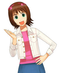 Rule 34 | 00s, 1girl, a1 (initial-g), amami haruka, bad anatomy, bow, brown hair, buttons, dutch angle, flat chest, green eyes, hair bow, hair ribbon, hand on own hip, idolmaster, idolmaster (classic), idolmaster 1, jacket, long sleeves, open clothes, open jacket, pink ribbon, pink shirt, poorly drawn, ribbon, shirt, short hair, simple background, solo, unbuttoned, white background, white jacket