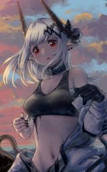 Rule 34 | 1girl, absurdres, arknights, black collar, black gloves, black nails, black sports bra, bodysuit, breasts, collar, collarbone, demon horns, ear piercing, elite ii (arknights), gloves, grey hair, hair ornament, highres, horns, infection monitor (arknights), long hair, looking at viewer, material growth, medium breasts, mudrock (arknights), mudrock (elite ii) (arknights), nail polish, navel, open bodysuit, open clothes, open mouth, oripathy lesion (arknights), outdoors, piercing, pointy ears, red eyes, single glove, solo, sports bra, stomach, sunset, undressing, upper body, welt (kinsei koutenkyoku), white bodysuit