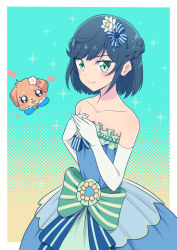 Rule 34 | 1girl, bare shoulders, blue bow, bob cut, bow, braid, cbgb, closed mouth, crown braid, delicious party precure, dog, dress, elbow gloves, flower, formal, frilled dress, frills, fuwa kokone, gloves, green bow, hair bow, hair flower, hair ornament, medium dress, pam-pam (precure), precure, smile, solo focus, sparkle, strapless, strapless dress, white gloves