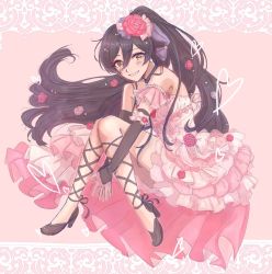 Rule 34 | 1girl, dress, elbow gloves, fingerless gloves, flower, frills, futomayugorou, gloves, grin, hair flower, hair ornament, heart, high heels, hugging own legs, idolmaster, idolmaster shiny colors, long hair, looking at viewer, own hands together, pink background, pink dress, ponytail, rose, shirase sakuya, smile, very long hair, yellow eyes