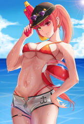 Rule 34 | 1girl, absurdres, beach, bikini, bikini under clothes, blue sky, breasts, cleavage, collarbone, day, earrings, halterneck, hand on own hip, hat, hawakawa, heterochromia, highres, hololive, houshou marine, houshou marine (summer), jewelry, large breasts, looking at viewer, navel, o-ring, o-ring thigh strap, ocean, ponytail, red bikini, red eyes, red hair, shorts, sky, string bikini, swimsuit, thigh strap, virtual youtuber, wet, yellow eyes