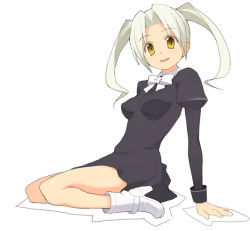 Rule 34 | 1girl, bare legs, boots, breasts, dress, female focus, from side, full body, high heel boots, high heels, looking at viewer, medium breasts, miniskirt, nora higuma, ribbon, shadow, shoes, silver hair, simple background, sitting, skirt, solo, white background, yellow eyes