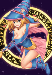 Rule 34 | 1girl, absurdres, bare shoulders, blonde hair, blue dress, blue footwear, blue hat, blush, blush stickers, boots, breasts, cleavage, collarbone, dark magical circle, dark magician girl, detached sleeves, dress, duel monster, green eyes, hair between eyes, hat, highres, knee boots, large breasts, long hair, looking at viewer, open mouth, pentagram, pink skirt, satosi, skirt, smile, solo, sparkle, staff, thighs, wizard hat, yu-gi-oh!, yu-gi-oh! duel monsters