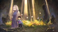 Rule 34 | 1girl, androgynous, artist name, bad id, bad tumblr id, barefoot, brown hair, bug, butterfly, cave, closed eyes, field, flower, flower bed, flower field, flowey (undertale), frisk (undertale), furry, furry female, heart, height difference, holding hands, horns, insect, light rays, long sleeves, monster girl, outdoors, pants, pillar, robe, rock, sakpi, short hair, standing, striped clothes, striped sweater, sunbeam, sunlight, sweater, tabard, toriel, undertale
