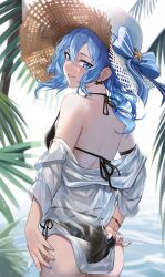 Rule 34 | 1girl, absurdres, anizi, ass, back, bare shoulders, bikini, black bikini, blue eyes, blue hair, blue nails, breasts, earrings, from behind, grin, halterneck, hat, highres, hololive, hoshimachi suisei, jewelry, looking at viewer, looking back, medium hair, nail polish, open clothes, open shirt, see-through, shirt, side-tie bikini bottom, small breasts, smile, solo, straw hat, string bikini, swimsuit, virtual youtuber, wet, wet clothes, wet shirt