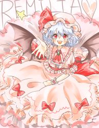 Rule 34 | 1girl, ascot, bat wings, blue hair, blush, bow, brooch, character name, collar, curly hair, eyelashes, fangs, foreshortening, frilled collar, frilled cuffs, frilled shirt, frilled skirt, frills, hat, hat ribbon, heart, jewelry, long skirt, looking at viewer, maru usagi, mob cap, open hand, open mouth, outstretched arm, outstretched hand, pink shirt, pink skirt, pink theme, pointy ears, red eyes, red pupils, remilia scarlet, ribbon, shirt, short hair, short sleeves, sitting, skirt, slit pupils, smile, solo, star (symbol), touhou, wings, wrist cuffs