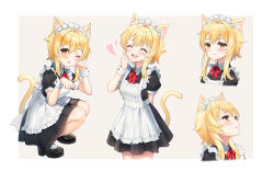 Rule 34 | 1girl, :d, ;o, ^ ^, alternate costume, animal ears, apron, arm behind back, black footwear, blonde hair, blush, bow, bowtie, cat ears, cat girl, cat tail, closed eyes, commentary request, enmaided, fang, full body, genshin impact, hair between eyes, head tilt, heart, highres, hue oo, kemonomimi mode, korean commentary, looking at viewer, lumine (genshin impact), maid, maid apron, maid headdress, mary janes, one eye closed, open mouth, paw pose, shoes, short hair, short hair with long locks, short sleeves, sidelocks, simple background, smile, socks, solo, squatting, tail, white background, white socks, wrist cuffs, yellow eyes