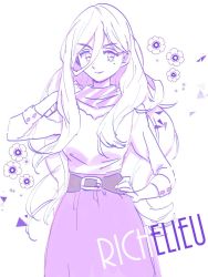 Rule 34 | 1girl, alternate costume, character name, flower, hair between eyes, hand on own hip, kantai collection, long hair, long sleeves, mole, mole under eye, monochrome, purple theme, richelieu (kancolle), scarf, sidelocks, simple background, skirt, solo, toroween, very long hair