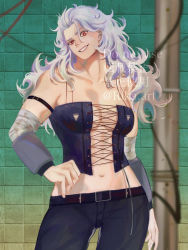 Rule 34 | 1girl, abs, artist request, breasts, corset, dorohedoro, earrings, jewelry, long hair, looking at viewer, muscular, muscular female, navel, noi (dorohedoro), pants, red eyes, smile, solo, white hair