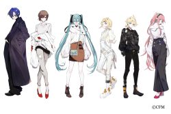 Rule 34 | 2boys, 4girls, ;o, ahoge, ankle boots, aqua eyes, aqua hair, aqua nails, arms behind back, bag, bell-bottoms, belt, belt collar, bespectacled, black belt, black choker, black coat, black collar, black footwear, black hairband, black pants, black ribbon, black shirt, blonde hair, blue eyes, blue hair, boots, brown eyes, brown footwear, brown hair, brown skirt, center frills, choker, coat, collar, copyright notice, crew neck, cross-laced footwear, crossed bangs, crossed legs, earrings, fanny pack, fashion, frills, from side, full body, glasses, grey pants, hair ornament, hair ribbon, hairband, hairclip, half updo, hand in pocket, hand on own hip, hatsune miku, high-waist pants, high heels, highres, jacket, jewelry, kagamine len, kagamine rin, kaito (vocaloid), lace-up boots, lace trim, lapels, long hair, long sleeves, looking at viewer, looking to the side, low ponytail, megurine luka, meiko (vocaloid), multiple boys, multiple girls, nail polish, necklace, off-shoulder shirt, off-shoulder sweater, off shoulder, official art, one eye closed, overalls, oversized clothes, pants, parted lips, pencil skirt, pink footwear, pink hair, plaid, plaid shirt, platform footwear, puffy long sleeves, puffy short sleeves, puffy sleeves, red footwear, ribbon, round eyewear, scrunchie, shirt, short hair, short ponytail, short sleeves, shoulder bag, simple background, single earring, skirt, sleeves past wrists, smile, socks, straight-on, sweater, swept bangs, torn clothes, torn pants, turtleneck, twintails, vocaloid, watson cross, white background, white belt, white footwear, white jacket, white overalls, white shirt, white sweater, wide sleeves, yellow nails, yonemuro, zipper